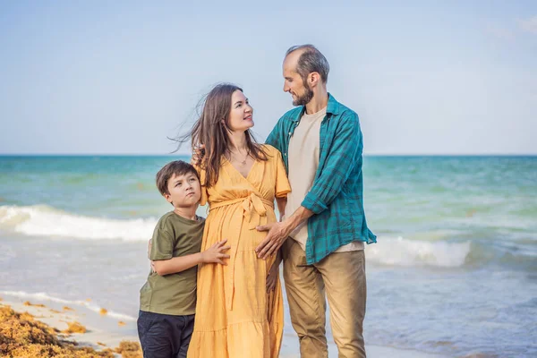 Любящая Семья Наслаждающаяся Тропическим Пляжем Сияющая Беременная Женщина После Лет — стоковое фото