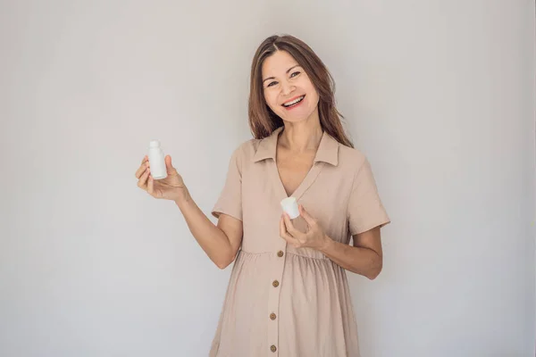Confident Radiant Pregnant Woman Showcasing Debate Pregnancy Deodorant Good Bad Stock Image