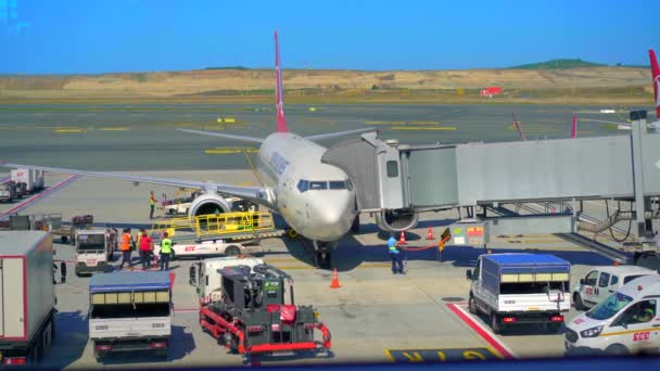 2022 Istambul Turquia Estacionamento Avião Comercial Atracando Aeroporto Avião Turkish — Vídeo de Stock
