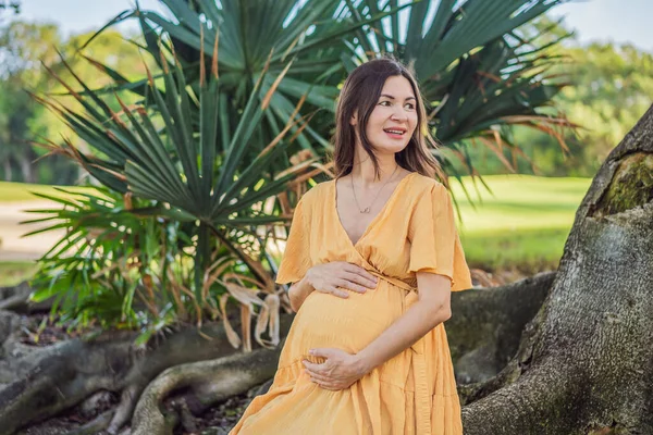 40歳以降の穏やかで輝かしい妊婦は 公園の自然の美しさに囲まれ 輝く笑顔で母性の旅を大切にしています — ストック写真
