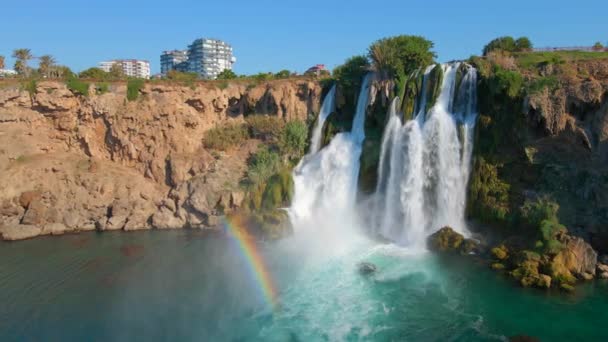 Slowmotion Antenn Video Lower Duden Waterfall Staden Antalya Drönaren Roterar — Stockvideo