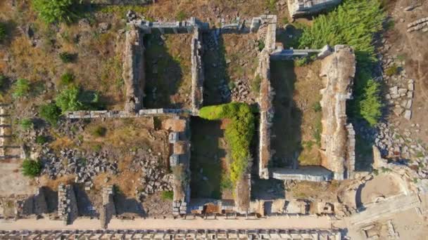 在这个迷人的航材视频中 展示了土耳其安塔利亚竞争城市古老城市佩奇的壮观废墟 相机优雅地在上方滑行 提供全景 — 图库视频影像