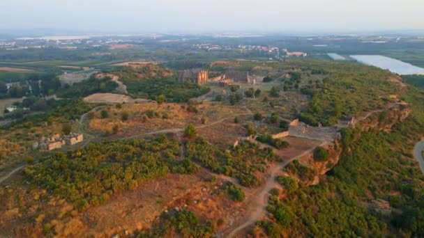 Deze Fascinerende Luchtfoto Komen Fascinerende Ruïnes Van Oude Stad Aspendos — Stockvideo