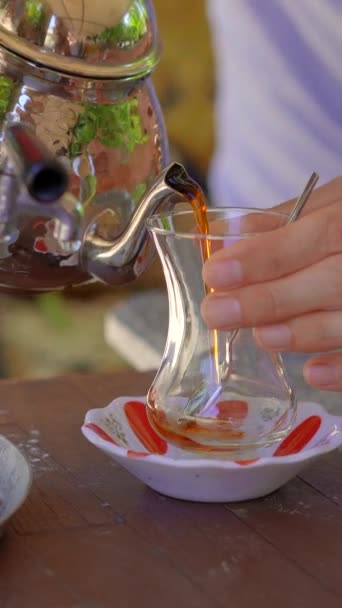Vertical Video Stories Format Man Portrayed Pouring Fragrant Tea Traditional — Stock Video