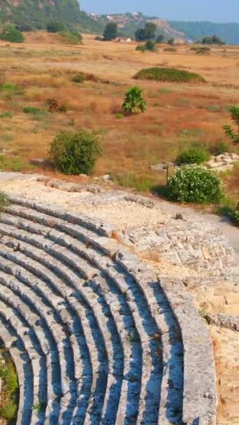 バーティカルビデオ ストーリーフォーマット アリアルビデオ ドローンは現在のトルコのアンタルヤに位置する古代都市ペルージの遺跡でヒップドロームの上を飛ぶ ヒッポドローム に遺言 — ストック動画