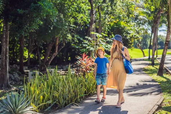 Expectant Mother Her Son Enjoying Leisurely Stroll Park Cherishing Precious — Stock Photo, Image