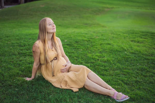 草の芝生に座って 公園で夕日を見て幸せな若い妊娠中のモデル 赤ちゃんを期待して未来のお母さんを笑顔 マタニティコンセプト スペースのコピー — ストック写真