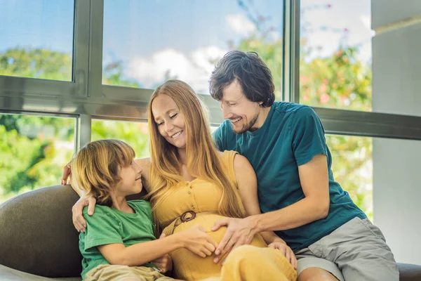 Expectant Parents Mom Dad Eldest Son Share Heartwarming Moment Sofa — Stock Photo, Image