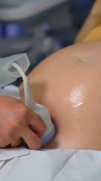 バーティカルビデオ 若い妊婦は超音波検査のために医者を訪問する 医師は 赤ちゃんを調べ その発達を監視するために超音波マシンを使用します ビデオは医療をキャプチャする — ストック動画