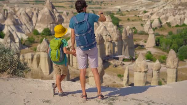 Embark Journey Young Father His Son Explore Enchanting Goreme National — Stock Video