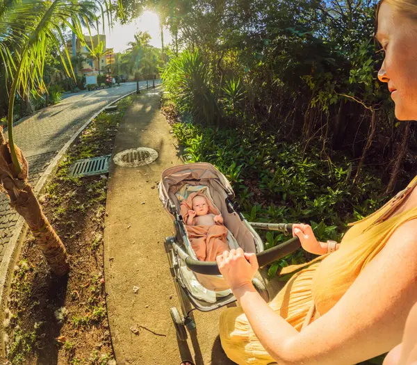 Mom Strolls Her Newborn Cozy Stroller Heartwarming Moment Motherhood — Stock Photo, Image