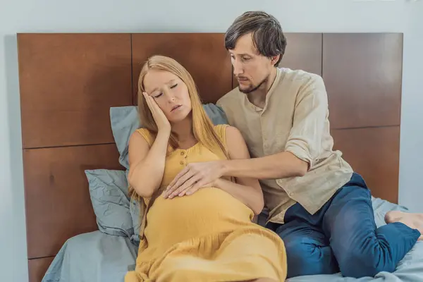 Expectant Woman Feels Unwell Husband Comforts Reassures Her Challenging Pregnancy — Stock Photo, Image