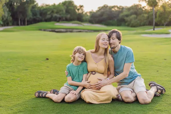 Joyful Family Time Pregnant Woman Her Husband Son Share Quality — Stock Photo, Image