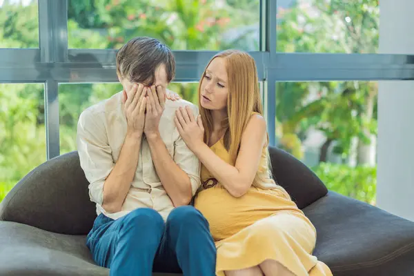 Concerned Husband Anxiously Worries His Wifes Pregnancy Seeking Reassurance Support — Stock Photo, Image