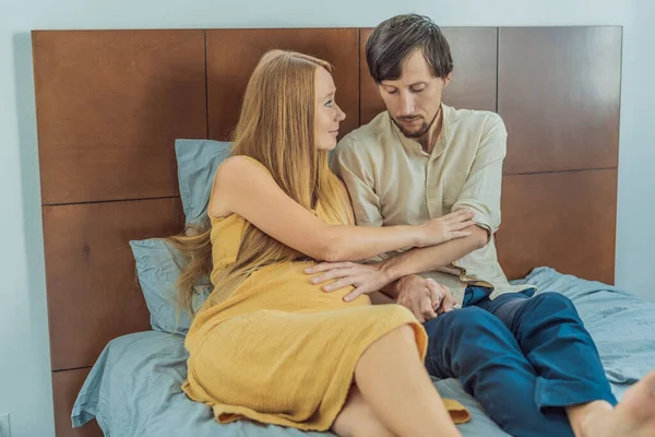 Concerned Husband Anxiously Worries His Wifes Pregnancy Seeking Reassurance Support — Stock Photo, Image