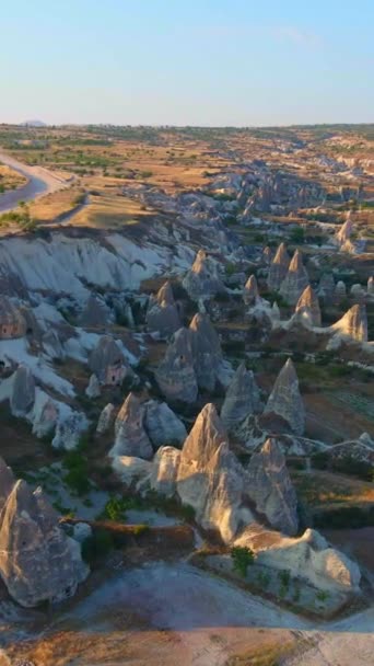 Vertical Video Captivating Aerial Stock Video Cappadocia Region Turkey Valleys — Stock Video