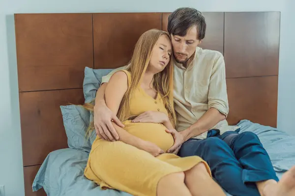 Expectant Woman Feels Unwell Husband Comforts Reassures Her Challenging Pregnancy — Stock Photo, Image