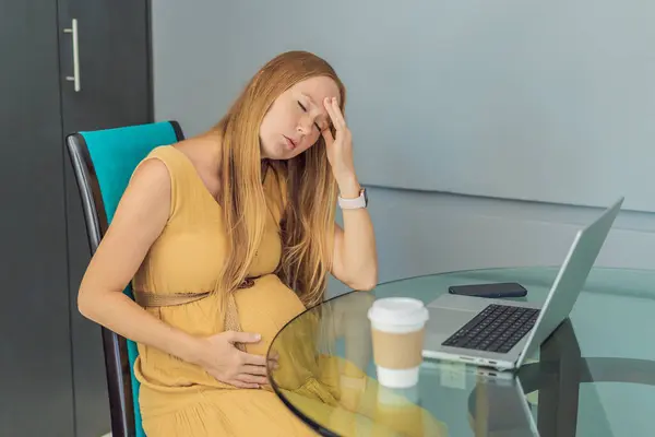 Tired Pregnant Woman Work Drinks Coffee Caution Advised Due Potential — Stock Photo, Image