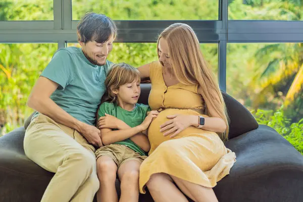 Cozy Family Time Home Pregnant Mom Dad Son Enjoy Shared — Stock Photo, Image