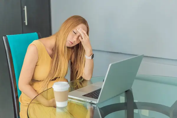 Tired Pregnant Woman Work Drinks Coffee Caution Advised Due Potential — Stock Photo, Image
