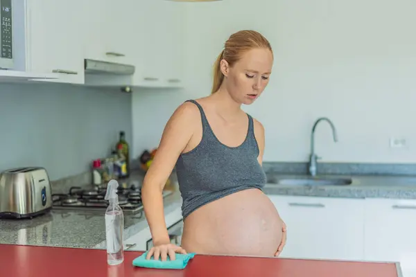 Tired Pregnant Woman Sits Kitchen Cleaning Health Vitality Pregnant Woman — Stock Photo, Image