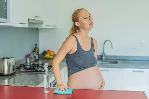 Tired Pregnant Woman Sits Kitchen Cleaning Health Vitality Pregnant Woman Stock Image