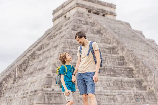 Father Son Tourists Observing Old Pyramid Temple Castle Mayan Architecture Stock Photo