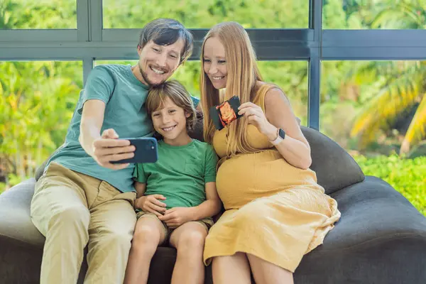Heartwarming Family Video Call Expecting Mom Dad Son Share Excitement Royalty Free Stock Photos