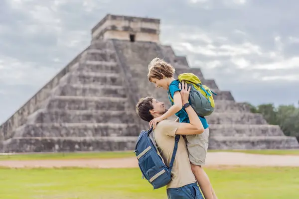 Father Son Tourists Observing Old Pyramid Temple Castle Mayan Architecture Stock Picture