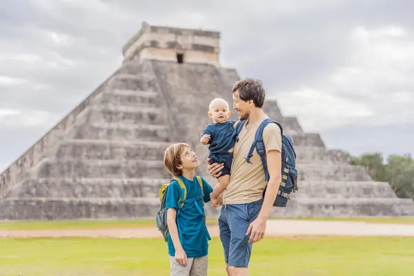 Father Two Sons Tourists Observing Old Pyramid Temple Castle Mayan Stock Image