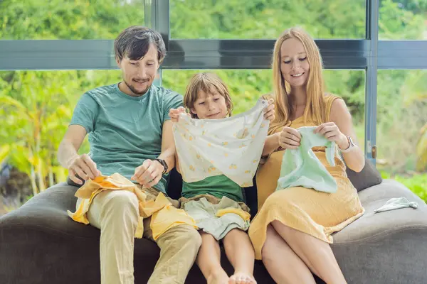 Heartwarming Family Moment Expectant Mom Dad Son Joyfully Browse Newborn Stok Lukisan  