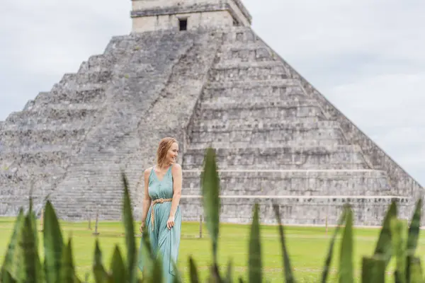 Beautiful Tourist Woman Observing Old Pyramid Temple Castle Mayan Architecture Stock Image