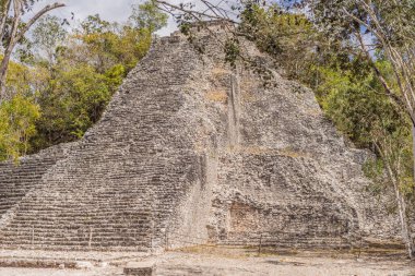 Coba, Meksika. Meksika 'daki antik Maya şehri. Coba arkeolojik bir alan ve Yucatan Yarımadası 'nın ünlü bir simgesidir. Meksika 'da bir piramidin üzerindeki bulutlu gökyüzü.