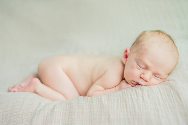 The baby is sleeping peacefully in his cozy nest. Newborn photo session captures the serene innocence and warmth of early moments.