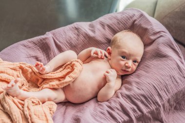 A newborn lies in his cozy cocoon on muslin swaddles. This serene moment captures the comfort and security of a newborn, highlighting the gentle care and nurturing environment. clipart