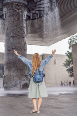 Mexico City 'deki Ulusal Antropoloji Müzesi' ni keşfeden kadın turist. Kültürel miras ve tarihi keşif kavramı.