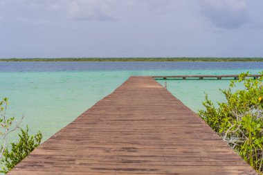 Meksika 'daki Bacalar Gölü' nün turkuaz sularına uzanan tahta iskele. Huzurlu ve manzaralı tropikal bir yer. Seyahat, rahatlama ve doğa konsepti..