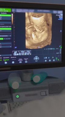 Ultrason makinesinin ekranında hamileliğin son evrelerinde bir bebeğin 3 boyutlu görüntüsü görülüyor. Gelişmiş fetal gelişim ve doğum öncesi sağlık izleme