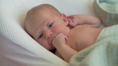 Yeni doğmuş bir bebek, yumuşak çarşafla örtülü, rahat bir bebek kozasında huzur içinde yatar. Huzurlu ve rahat bir an. Bebeklerin ilk günleri için rahatlık ve ilgiyi ön plana çıkarıyor.