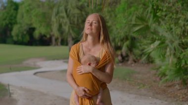 Genç bir kadın çocuğuyla yemyeşil bir tropikal parkta sarı bir taşıyıcıda huzur içinde yürüyor. Huzurlu ve iç açıcı bir an anneliği, bağlılığı ve açık havayı vurguluyor.