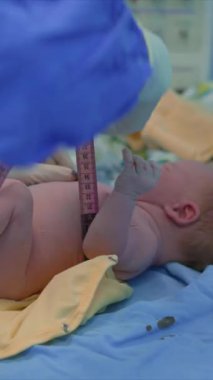 Yeni doğmuş bir bebek, doğumdan hemen sonra bir çocuk doktoru tarafından bir ameliyathanede muayene edilir. Hayatlarının ilk anlarında bebek sağlığını ve refahını sağlamak için dikkatli bir sağlık kontrolü.