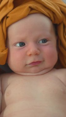 Yeni doğmuş komik bir bebek rahat bir bebek kozasında huzur içinde yatıyor. Huzurlu ve rahat bir an. Bebeklerin ilk günleri için rahatlık ve ilgiyi ön plana çıkarıyor.