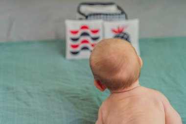 Yeni doğmuş bebek siyah, beyaz ve kırmızı yüksek kontrastlı kartlara bakıyor. Bebek gelişimi için erken görsel uyarılma. Bebek duyusal öğrenme ve bilişsel büyüme kavramı.
