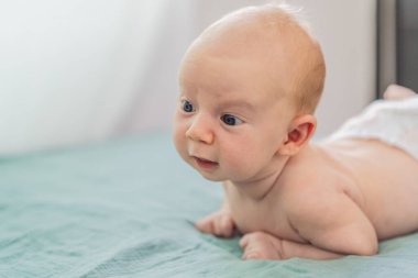 Bir aylık bir bebek karnının üstünde yatıyor ve tuhaf bir şekilde çevreyi gözlemliyor. Boyun dayanıklılığı, bilişsel gelişim ve erken keşif için bebek midesi zamanı. Ebeveynlik ve yeni doğan büyüme kavramı.