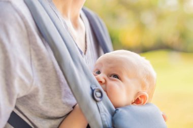 Genç bir baba, bebeğiyle birlikte doğada ebeveynlere bakan ergonomik bir bebek taşıyıcısının içinde dolaşıyor. Barışçıl bir ortamda bağlılık, sıcaklık ve modern ebeveynlik kavramı.