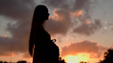 Hamile bir kadın, canlı turuncu ve mor günbatımı gökyüzünün güzelliğiyle çevrili bir tarlada tek başına duruyor. Huzurlu, duygusal annelik sahnesi doğayı, dinginliği ve yeni bir beklentiyi simgeliyor.