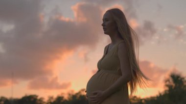 Hamile bir kadın, canlı turuncu ve mor günbatımı gökyüzünün güzelliğiyle çevrili bir tarlada tek başına duruyor. Huzurlu, duygusal annelik sahnesi doğayı, dinginliği ve yeni bir beklentiyi simgeliyor.