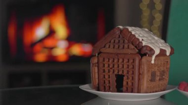 Arka planda tatil ışıklarının yumuşak parıltısıyla aydınlatılan zencefilli kurabiye evinin yakın çekimi. Şenlikli dekorasyon, sıcaklık ve tatil büyüsü kavramı.