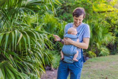 Genç bir baba, bebeğiyle birlikte doğada ebeveynlere bakan ergonomik bir bebek taşıyıcısının içinde dolaşıyor. Barışçıl bir ortamda bağlılık, sıcaklık ve modern ebeveynlik kavramı.