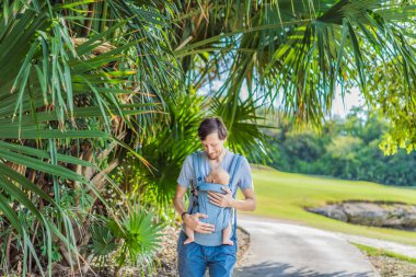 Genç bir baba, bebeğiyle birlikte doğada ebeveynlere bakan ergonomik bir bebek taşıyıcısının içinde dolaşıyor. Barışçıl bir ortamda bağlılık, sıcaklık ve modern ebeveynlik kavramı.